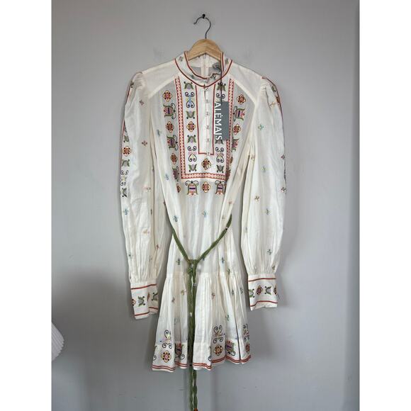 NWT Alemais Lovella Embroidered Cotton Blouson Sleeves White Tie Mini Dress - Picture 2 of 9